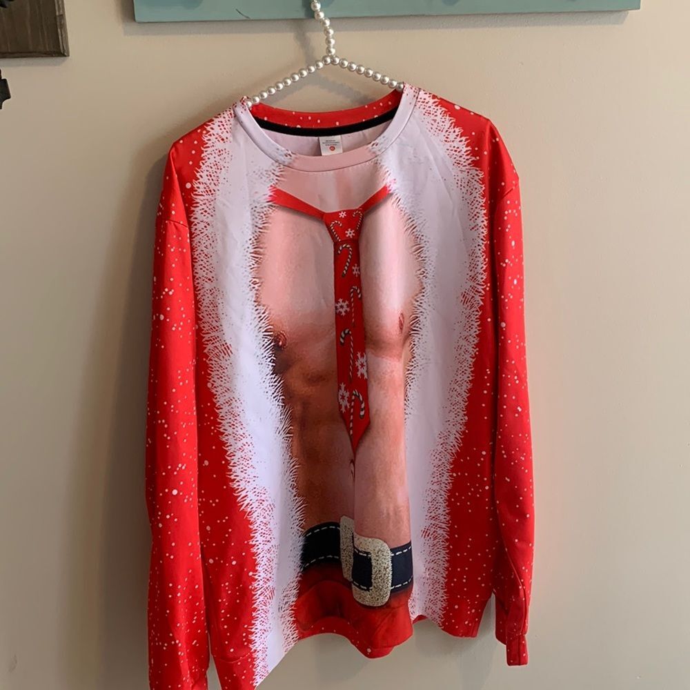 Funny Muscle Santa Ugly Christmas Sweater XL Shirtless Abs Graphic Pullover